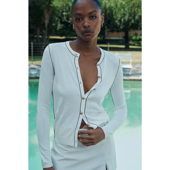 Zara Womens Size Small Cardigan Contrast Trims White Button Up Knit Long Sleeves - Picture 1 of 11